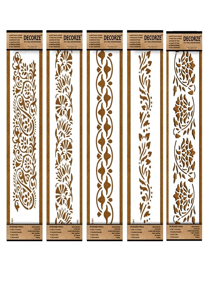 Decorze Plastic Stencils for Border Art, Stencils for Wall, Border Stencils for Wall Painting Suitable for Room Wall Decoration Purpose (Set of 5)(Color-White)|Design-3